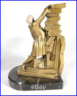 Antique Pair Art Deco France Bookends Metal & Marble Man Stacking Books