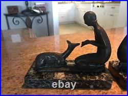 Antique Pair BRONZE ART DECO BOOKENDS Nude Woman Feeding Fawn WithMarble Base