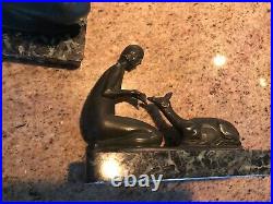 Antique Pair BRONZE ART DECO BOOKENDS Nude Woman Feeding Fawn WithMarble Base