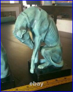Antique Pair Greyhound Figure Bookends Art Deco Metal w Enamel on Black Marble