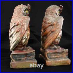 Antique Pair of Pompeian Bronze-clad Owl on Books Bookends Circa 1925