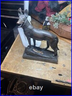 Antique Paul Herzel GERMAN SHEPHERD Bookends, Pompeian Bronze Clad, art deco dog