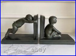 Antique Paul Silvestre -Boy & Girl Satyr -1920s Art Deco Bronze Bookends Pair