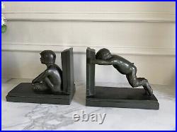 Antique Paul Silvestre -Boy & Girl Satyr -1920s Art Deco Bronze Bookends Pair