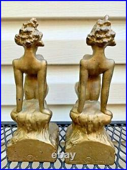 Antique Rare Armor Bronze Nude Woman Lady Art Deco Statue Book Bookends