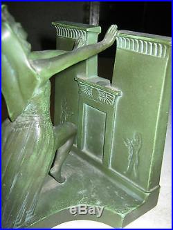 Antique Ronson Art Deco Egyptian Revival Queen Statue Sculpture Signed Bookends