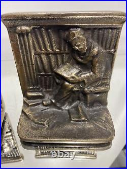 Antique Scholar Sitting Reading Book Bookshelf Iron Bookend Art Statue
