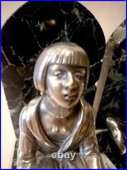 Antique Silver Bronze Sculpture Bookends Marble Art Deco R. Dessel Rare Old 20th