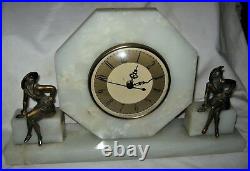 Antique Solid Marble Art Deco Gerdago Pixie Lady Bust Bookends Us Mantel Clock