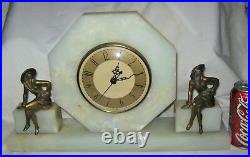 Antique Solid Marble Art Deco Gerdago Pixie Lady Bust Bookends Us Mantel Clock