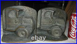 Antique USA Art Deco Mack Truck Oil Gas Tool Statue Cast Iron Bookends Bronze Us