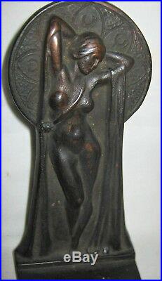 Antique USA Key Hole Nude Chic Art Deco Lady Bust Statue Cast Iron Bookends Book