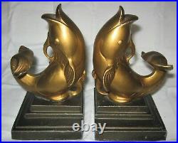 Antique Us Frankart Art Deco Gold French Fish Art Statue Sculpture Book Bookends