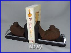 Antique Vintage French Art Deco Carved Oak Doves, Rosewood and Chrome Bookends