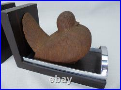 Antique Vintage French Art Deco Carved Oak Doves, Rosewood and Chrome Bookends
