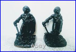 Antique Vtg Heavy Cast Iron Pirate Bookends Painted Black Old