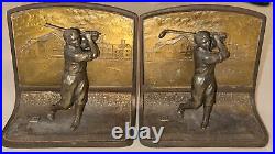 Antique c1920s JUDD CO GOLF BOOKENDS Solid Bronze Golfers Art Deco Golf Clubs