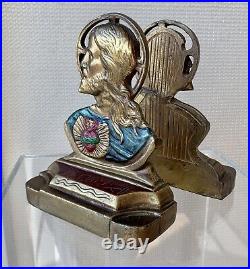 Armor Bronze Clad Bookends Sacred Heart Of Jesus Polychrome Art Deco 1930s
