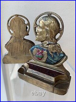 Armor Bronze Clad Bookends Sacred Heart Of Jesus Polychrome Art Deco 1930s