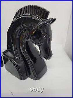 Art Deco Black Ceramic Horse Bookends Vintage Trojan Horse Head Bust Fitz and