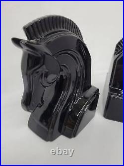 Art Deco Black Ceramic Horse Bookends Vintage Trojan Horse Head Bust Fitz and