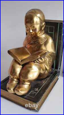 Art Deco Brass Bronze Ronson Asian Scholar Children Bookend Pair Hester White