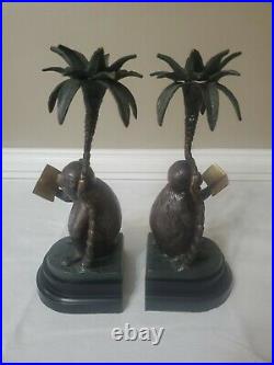 Art Deco Brass Monkeys Reading Books With Palm Trees Bookends 11 3/4 Tall