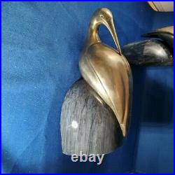 Art Deco Brass and Grey Marble Egret Crane Book Ends Birds