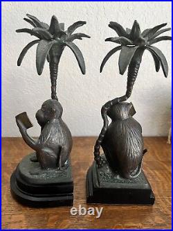Art Deco Bronze Monkeys Reading Books With Palm Trees Bookends 11 3/4 Tall