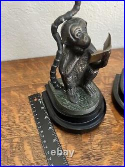 Art Deco Bronze Monkeys Reading Books With Palm Trees Bookends 11 3/4 Tall