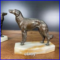 Art Deco Bronze Patinated Greyhound Dog Bookends Onyx Base