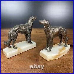 Art Deco Bronze Patinated Greyhound Dog Bookends Onyx Base