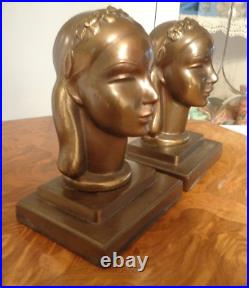 Art Deco Bronzed Frankart Signed Bust Metal Nouveau Girl Bookends 1920's 30's