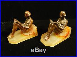 Art Deco Copper Plated Spelter Ladies Reading Bookends On Akro Agate Glass Bases