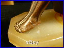 Art Deco Copper Plated Spelter Ladies Reading Bookends On Akro Agate Glass Bases