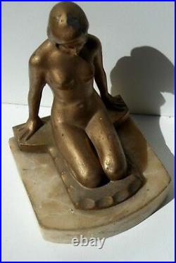 Art Deco Diana Naked Lady Bookend Statue Marble Base Fine Detailed Cast Metal