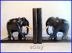 Art Deco Elephant Bookends In Carved Ebony