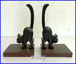Art Deco Era Carved Wood Black Cat Bookends Quality