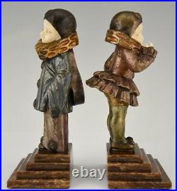 Art Deco French bronze bookend sculptures Pierrot et Pierrette 1930