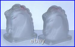 Art Deco Frosted Glass Horse Head Bookends Pink 5 1/2