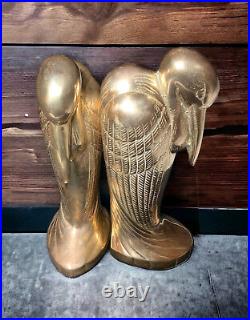Art Deco Gold Brass Bookends 1930's Marabou Egret Pelican Crane Bird
