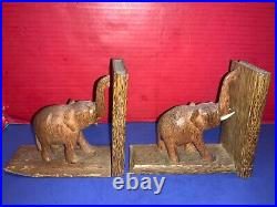 Art Deco Hand-Carved Wooden Elephant Bookend Pair