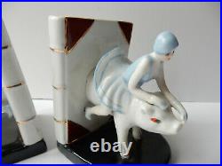 Art Deco Lady on Flying Pig Porcelain Ceramic Library Book Ends