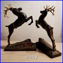Art Deco Leaping Deer, Gazelle, Stag Vintage Spelter Metal Bookends