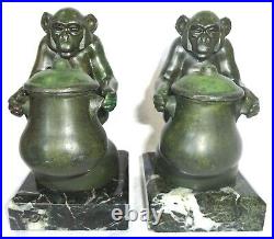 Art Deco Max Le Verrier Pair Of Bookends Monkeys With Cauldron Inkwell