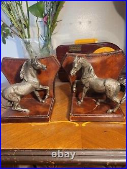 Art Deco Mid Century Two Metal Arabian Horse Leather Covred Bookends