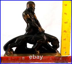 Art Deco Nubian with Black Panther Solid Bronze Bookends by Russwood c 1946