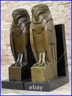 Art Deco Owl Bird Guardian Bronze Metal on Marble Bookend Sculpture Statue Decor
