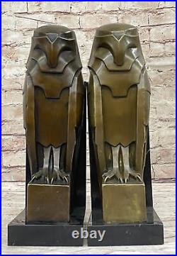 Art Deco Owl Bird Guardian Bronze Metal on Marble Bookend Sculpture Statue Decor