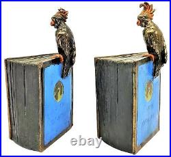 Art Deco Pair parrot bird sculpture Atlas book bookends Pompeian bronze Signed